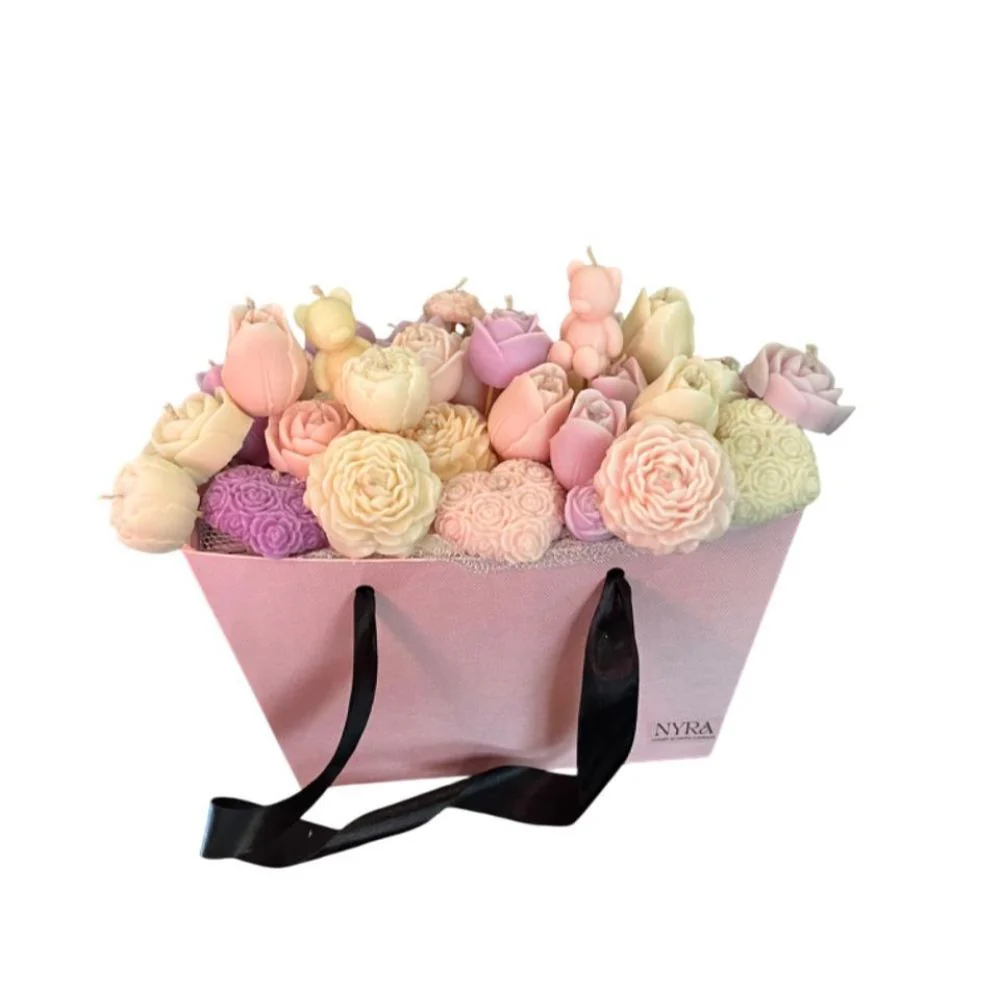 Blossom Scented Flower & Teddy Candle Basket in Pastel Hues - Image 2