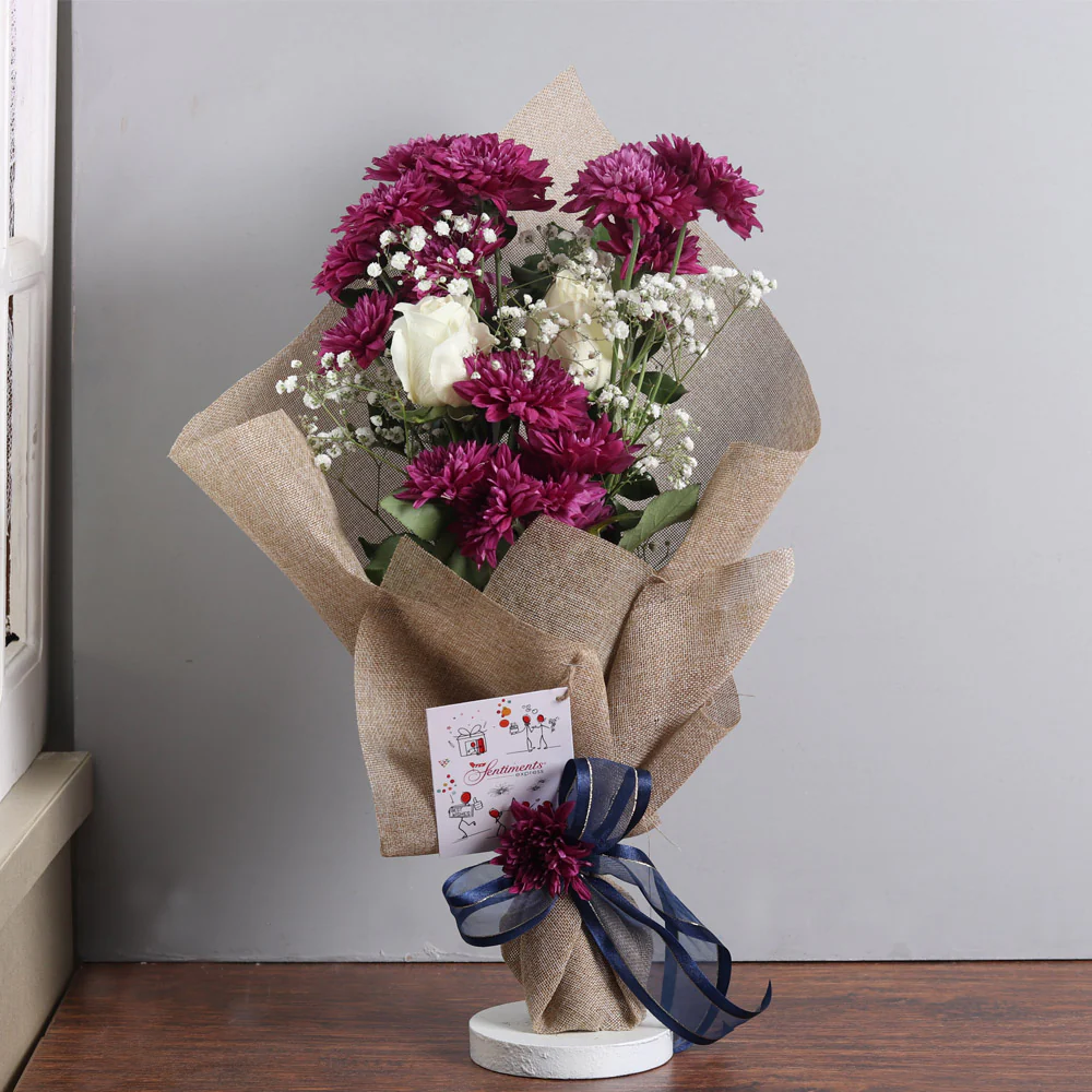 Classic Violet Bouquet - White Roses and Chrysanthemums