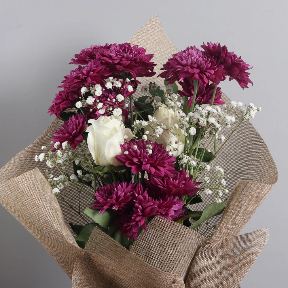 Classic Violet Bouquet - White Roses and Chrysanthemums - Image 3